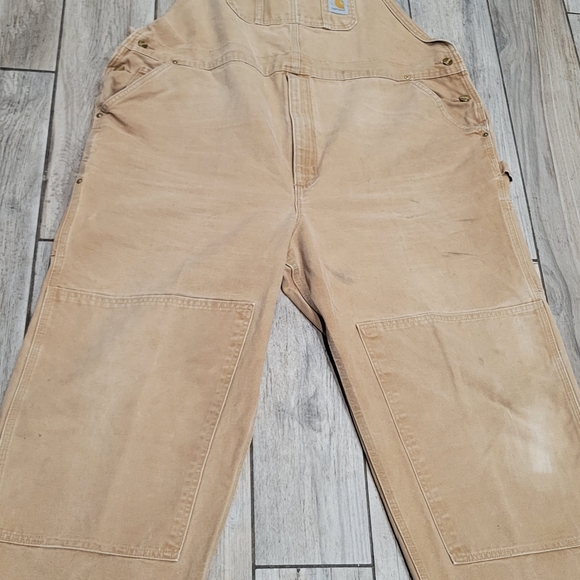 Carhartt Brown Canvas Bib Overalls Double Knee 46 X 25 Distressed - Picture 10 of 16